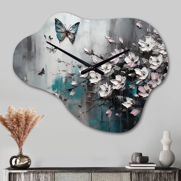 Flowers With Butterflies Painting V - Asymmetric Metal Wall Clock